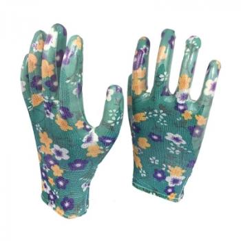 13G Printed Polyester Shell Transparent Nitrile Coated Ladies Garden Safety Work Gloves