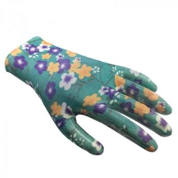 13G Printed Polyester Shell Transparent Nitrile Coated Ladies Garden Safety Work Gloves