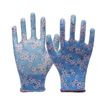 13G Printed Polyester Shell Transparent Nitrile Coated Ladies Garden Safety Work Gloves