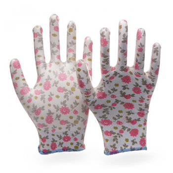 13G Printed Polyester Shell Transparent Nitrile Coated Ladies Garden Safety Work Gloves