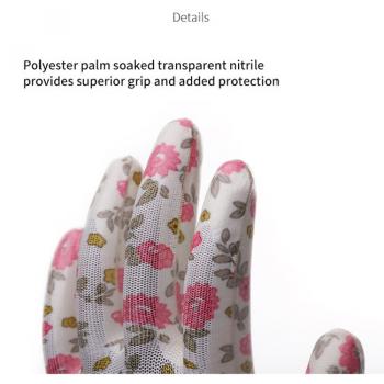 13G Printed Polyester Shell Transparent Nitrile Coated Ladies Garden Safety Work Gloves